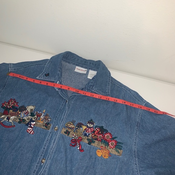 Bobbie Brooks 1990s Women’s Christmas Denim Collared Embroidered Button Up Large - Picture 12 of 16